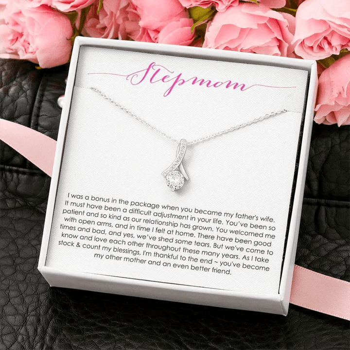 Bonus Mom Gift Necklace/ Present for Stepmom for Mother''s Day/ Anniversary/ Birthday/ Symbolic Ribbon Setting/ Mom Stepped Up Gift Necklace