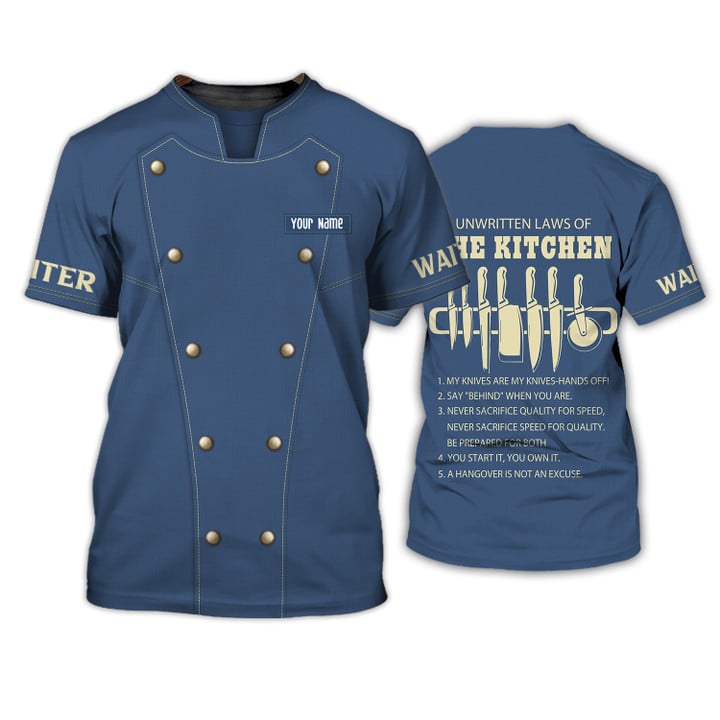 Chef Personalized Tee Shirt Waiter Apparel Waiter Wear Cook Shirts Waiter Uniform Blue