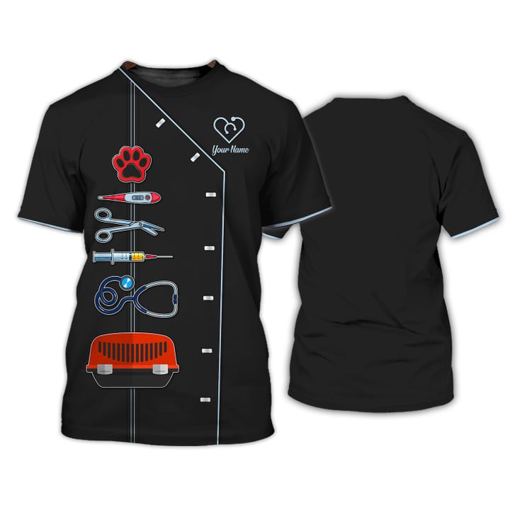 Black Pet Veterinarian Tool Uniform Personalized Name Veterinary 3D Tshirt