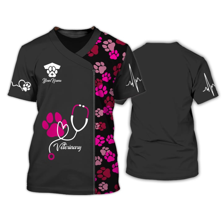 Black Pink Animal Veterinarian Uniform Personalized Name Paw Pattern 3D Tshirt