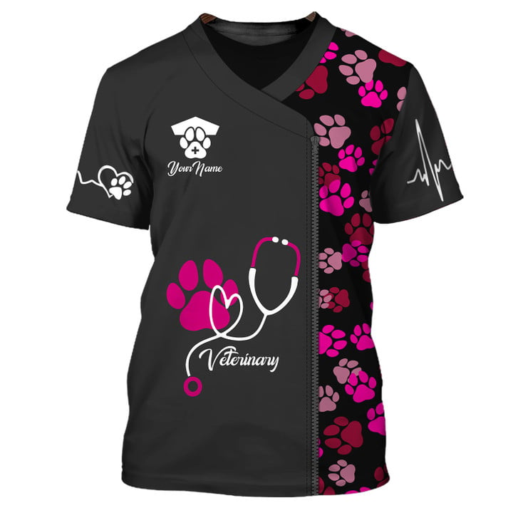 Black Pink Animal Veterinarian Uniform Personalized Name Paw Pattern 3D Tshirt