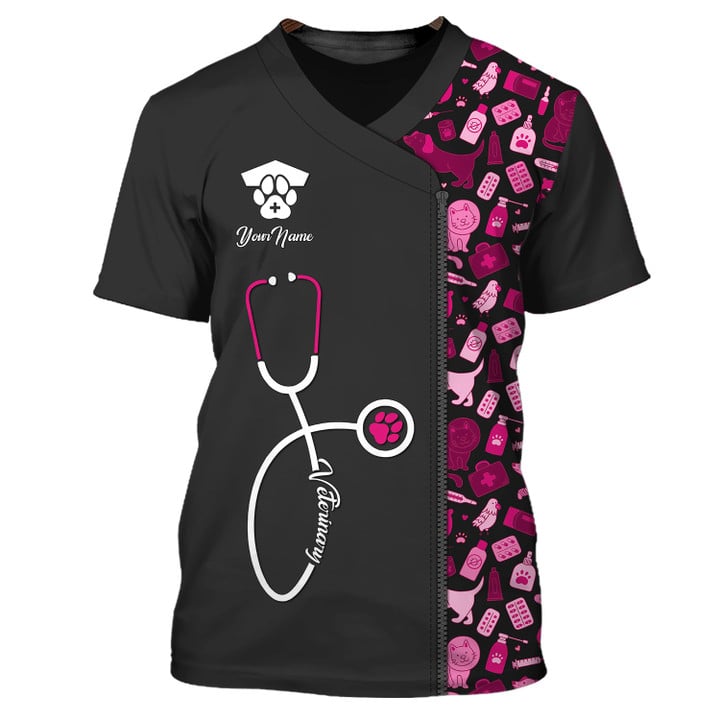 Black Pink Pet Veterinarian Tool Uniform Personalized Name Veterinary 3D Tshirt