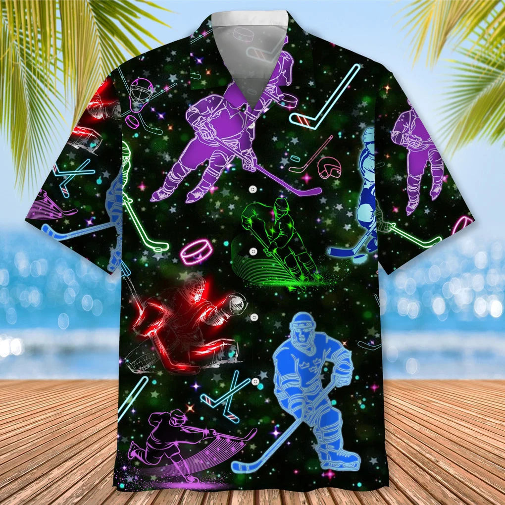 Hockey Neon Light Hawaiian Shirt for Men/ hockey life shirt/ hockey player gifts