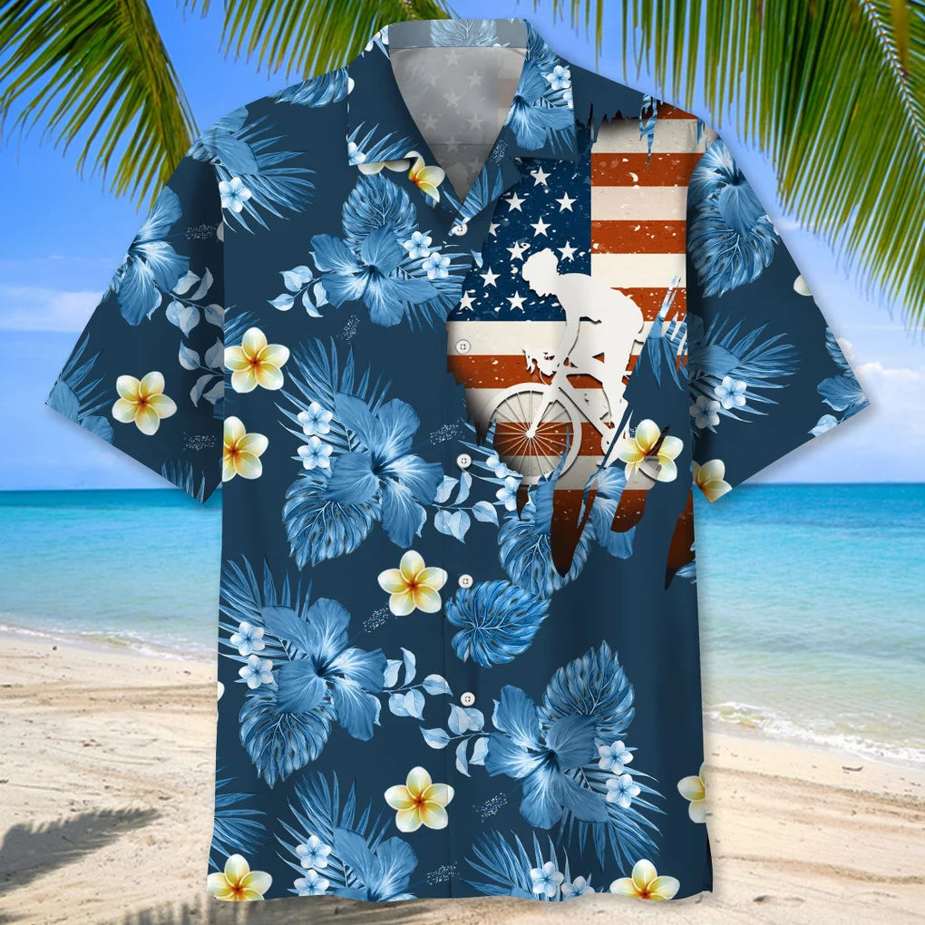 Cycling Usa Blue Tropical hawaiian shirt/ Funny Cycling Shirt/ Cycling Shirt/ Cyclist Shirt/ Bicycle Gift/ Biking Gift/ Bike Gift