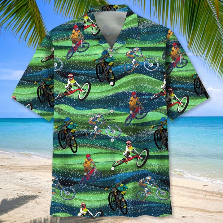 Mountain Bike Seamless Pattern Hawaiian Shirt/ Men''s Unisex Summer Beach Casual Short Sleeve Summer Vacation Beach Shirts