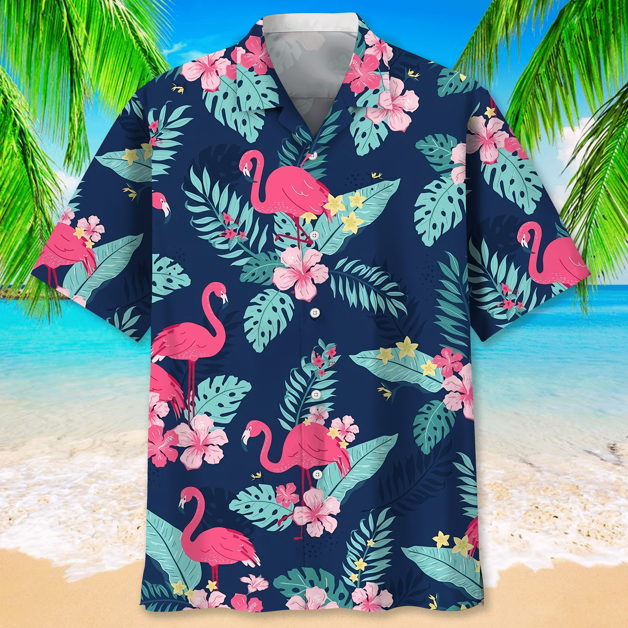 Flamingo Green Tropical Hawaiian Shirt/ Aloha Shirts Short Sleeve Beach Holiday Casual Shirts