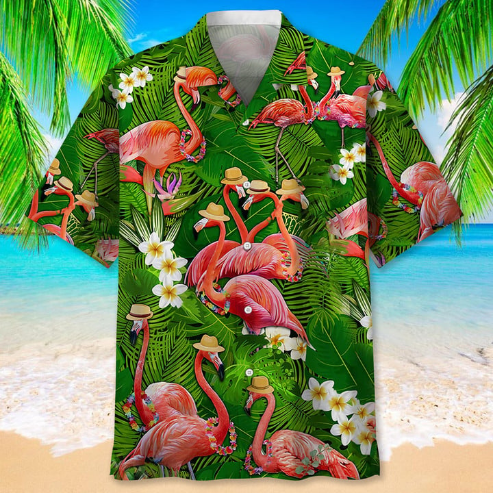 Flamingo Green Tropical Hawaiian Shirt/ Short Sleeve Summer Vacation Beach Shirts for men