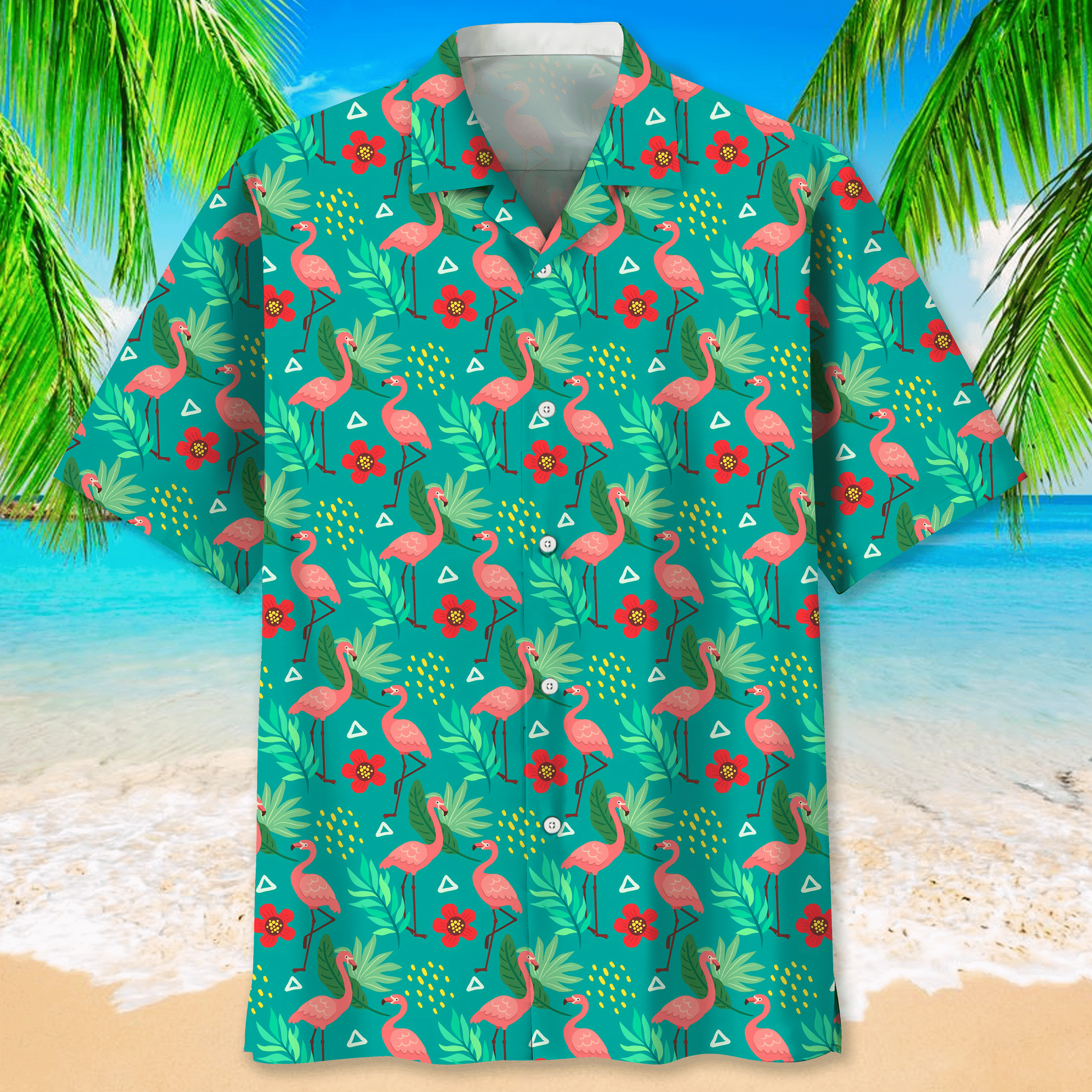 Flamingo Green Tropical Hawaiian Shirt/ Aloha Shirts Short Sleeve Beach Holiday Casual Shirts
