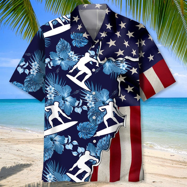Surfing Tropical Us Flag Hawaiian Shirt/ Short Sleeve Summer Vacation Beach Shirts for men