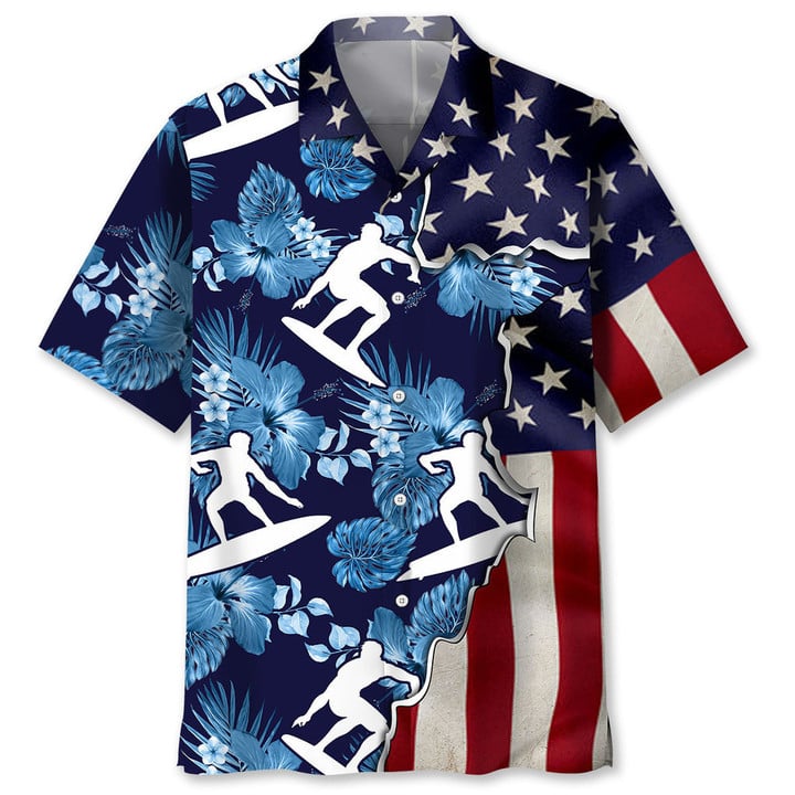 Surfing Tropical Us Flag Hawaiian Shirt/ Short Sleeve Summer Vacation Beach Shirts for men