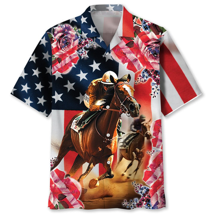 Horse Racing Rose American flag Hawaiian Shirt for Men and women