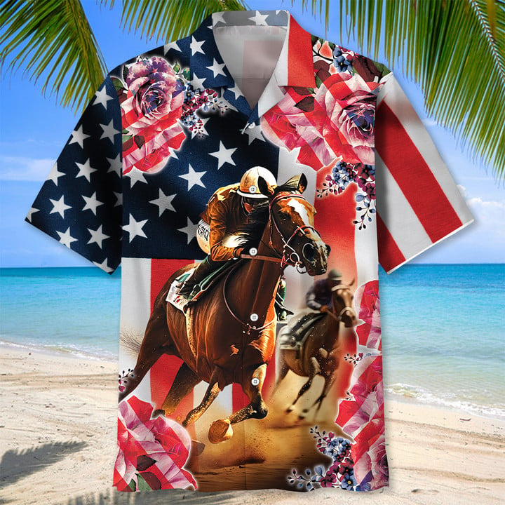 Horse Racing Rose American flag Hawaiian Shirt for Men and women