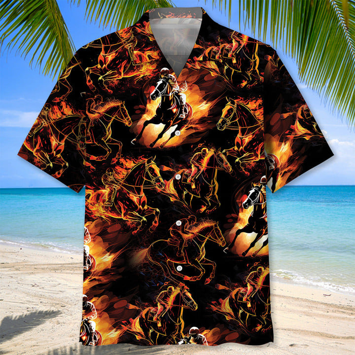 Horse Racing Fire Hawaiian Shirt/ Men''s Unisex Summer Beach Casual Short Sleeve Summer Vacation Beach Shirts