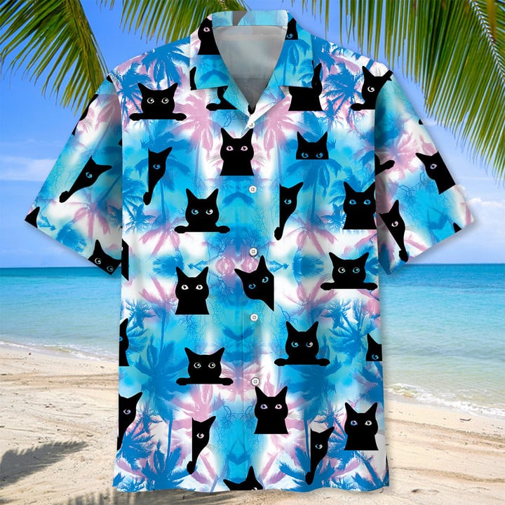Black Cat Tropical Hawaiian Shirt/ Unisex Summer Beach Casual Short Sleeve Summer Vacation Beach Shirts