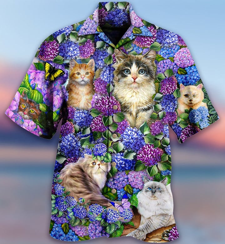 Hawaiian Shirt With Lovely And Purple Flowers/ Cat Lovers Hawaiian Shirt/ New Hawaiian Shirt Hot 2023