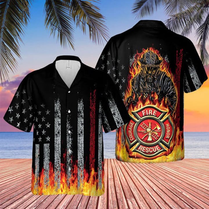 Black Flag American Firefighter Bagde Fired Hawaiian Tshirt/ Hawaiian Shirt Short Sleeves