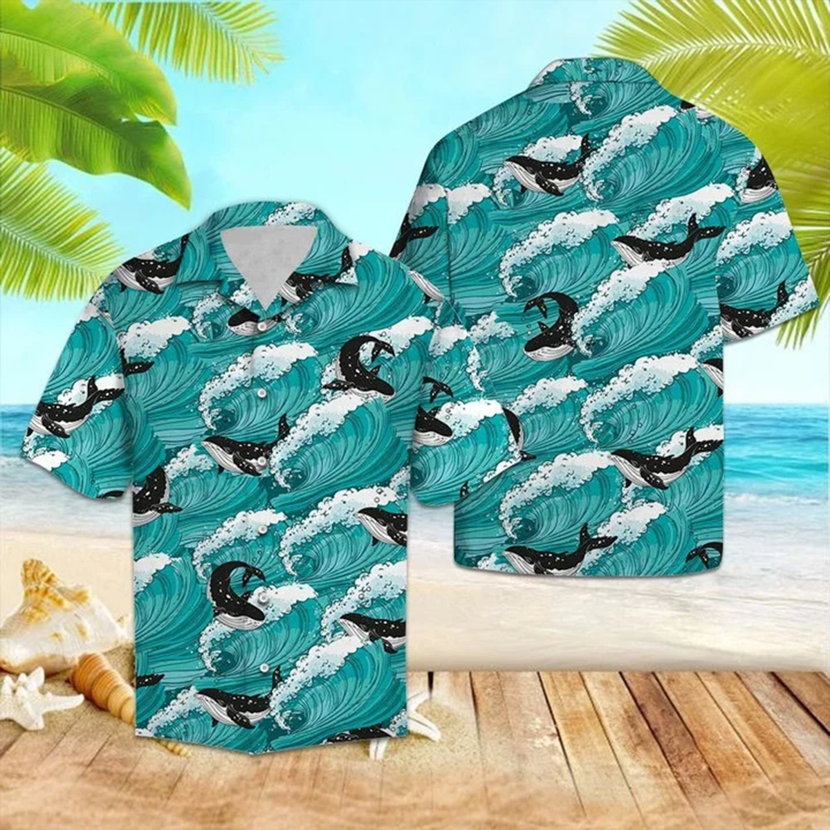Amazing Black And White Whale Sea Waves Pattern Hawaiian Shirt/ Hawaiian Shirt For Summer