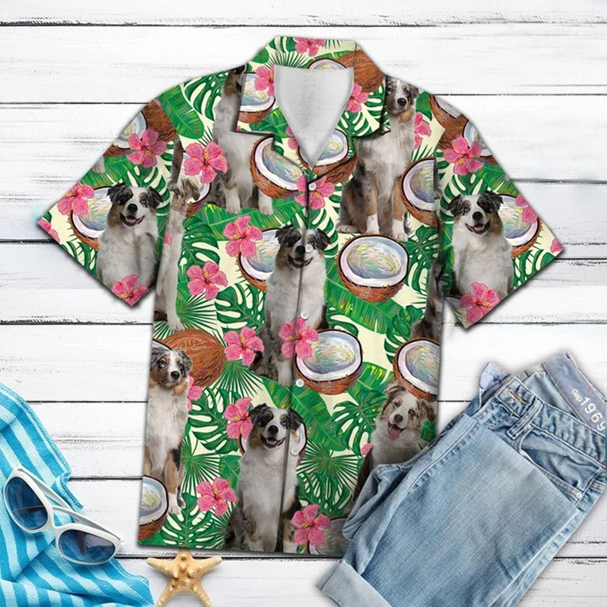 Awesome Australian Shepherd Tropical Coconut Pattern Hawaiian Shirt/ New Hawaiian Shirt