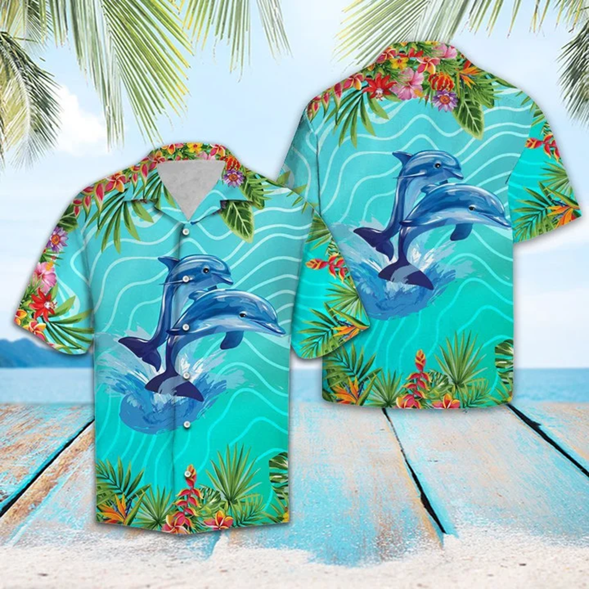 A Couple Of Dolphin Love Summer Vacation Themed Pattern Hawaiian Shirt/ Aloha Shirt