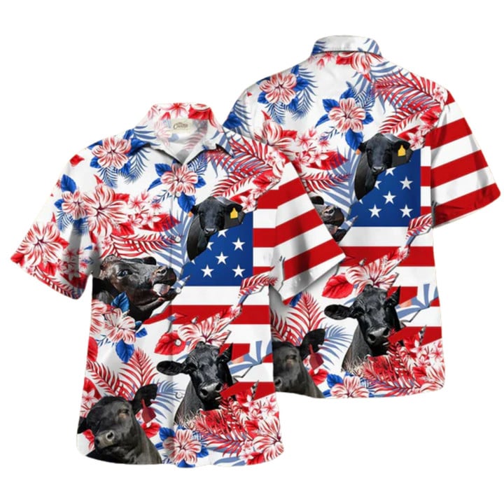 Black Angus Hawaiian Shirts/ Black Angus In American Flag Pattern Tropical Flower Hawaiian Shirt/ Haiwaiian Shirt Hot