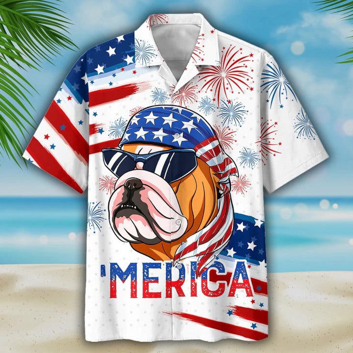 Bulldog Hawaiian Shirt/ Independence Day Is Coming Aloha Beach Shirts/ Dog Hawaiian Shirt For 4th Of July/ Unisex Hawaiian Shirt