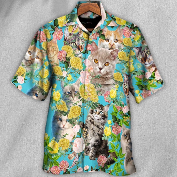 at With Flowers Hawaiian Shirt/ Cat Lovers Gift/ Summer Vibe Hawaiian Shirt For You/ Hawaiian Shirt For Summer Vacation