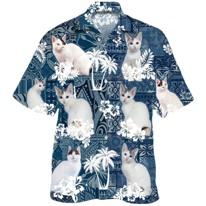 Japanese Bobtail Hawaiian Shirt/ 3d Full Printed White Cat Hawaiian Shirt/ Summer Aloha Beach Shirts/ Summer Gift For Women