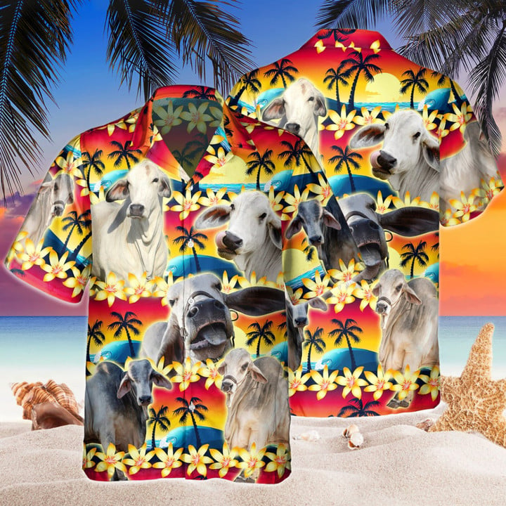 Vintage Brahman Hawaiian Shirt Tropical Sunset Hibiscus And Palm Tree Hawaii Shirt/ Hawaiian Shirt For Men