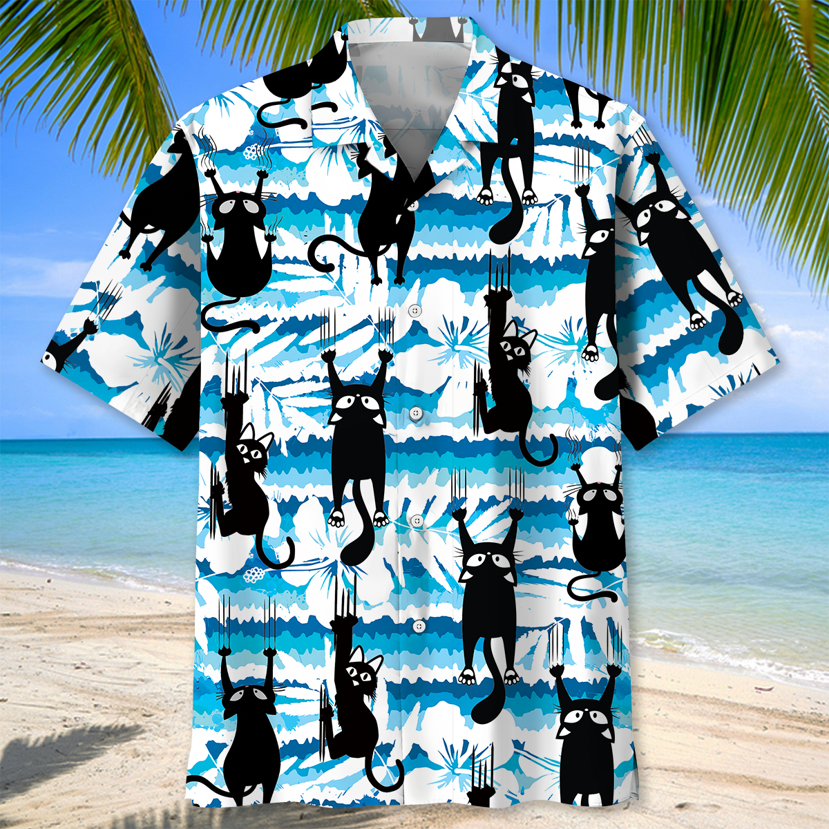 Black Cat Tropical Hawaiian Shirt/ Unisex Summer Beach Casual Short Sleeve Summer Vacation Beach Shirts
