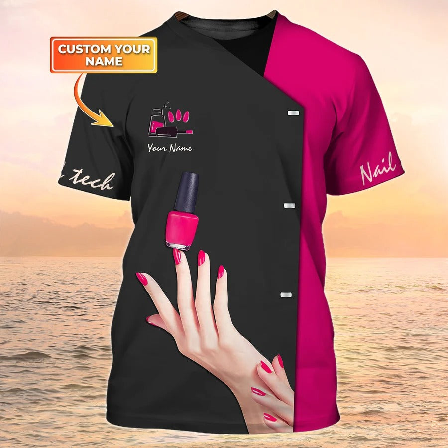 Custom 3D All Over Print Nail Tech Shirt Women/ Manicurist Gift Black Pink/ Nail Gift For Her/ Nail Shop Uniform