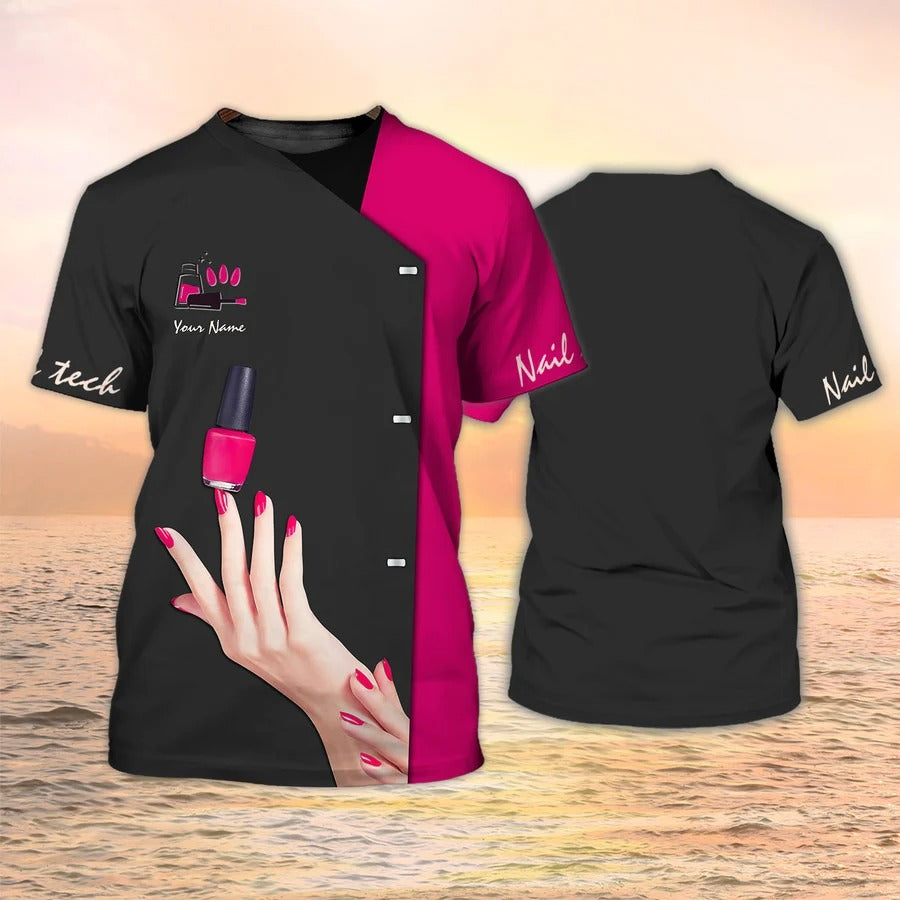 Custom 3D All Over Print Nail Tech Shirt Women/ Manicurist Gift Black Pink/ Nail Gift For Her/ Nail Shop Uniform