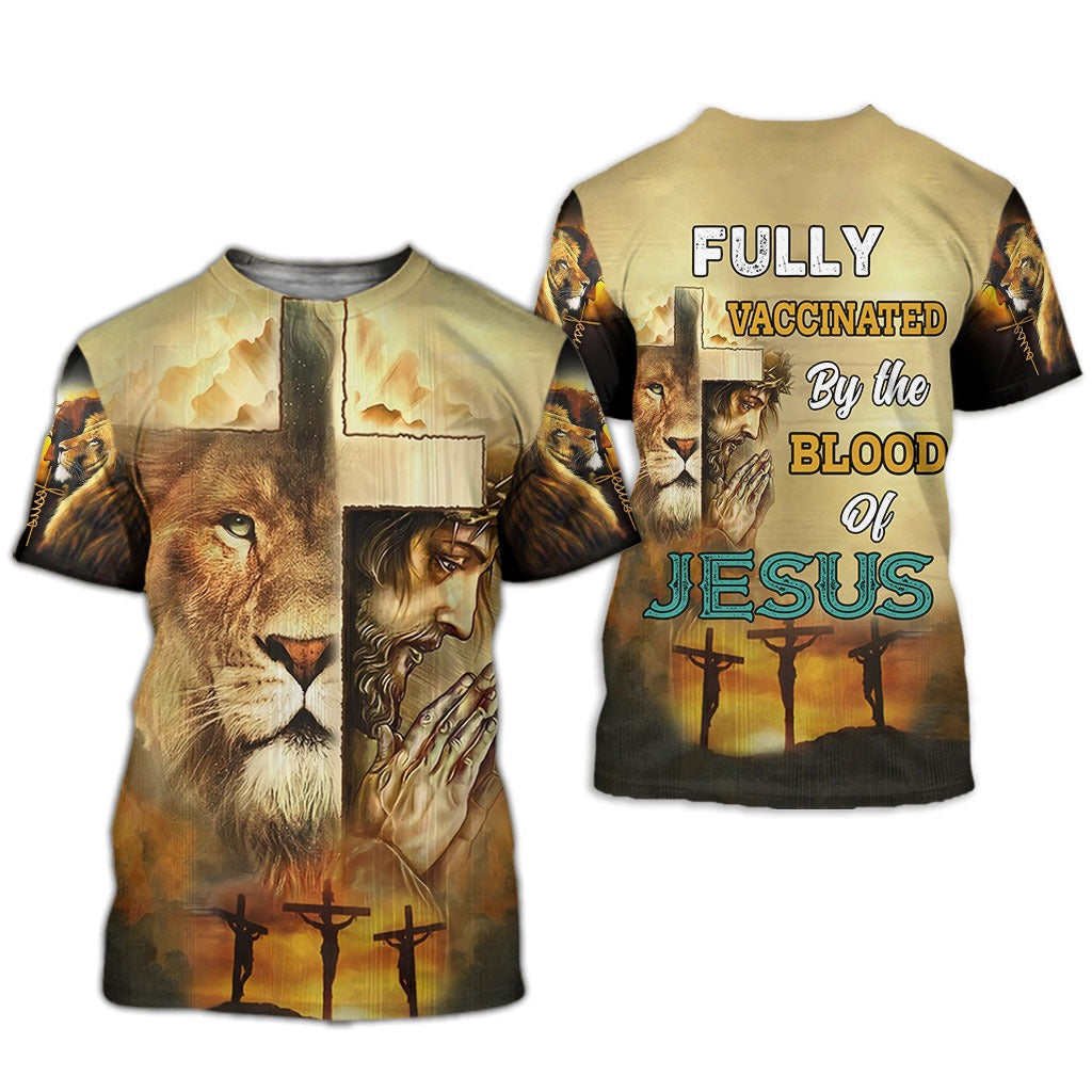 Jesus And Lion Fully Vaccinated By The Blood Of Jesus Hoodies/ 3D Full Printing Christian Tee Shirt/ Christmas Jesus 3D Clothes