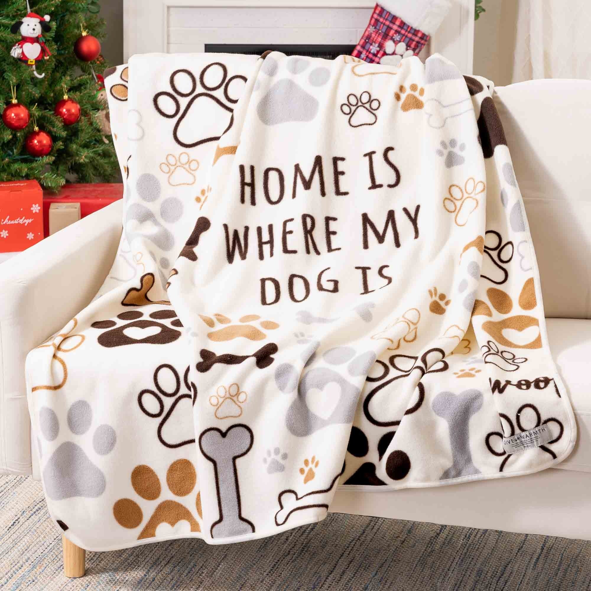 Fleece Dog Blanket Home Is Where The Dog Is Paw Print On Blanket Gift For Dog Lover Throw Sherpa Warm Blanket