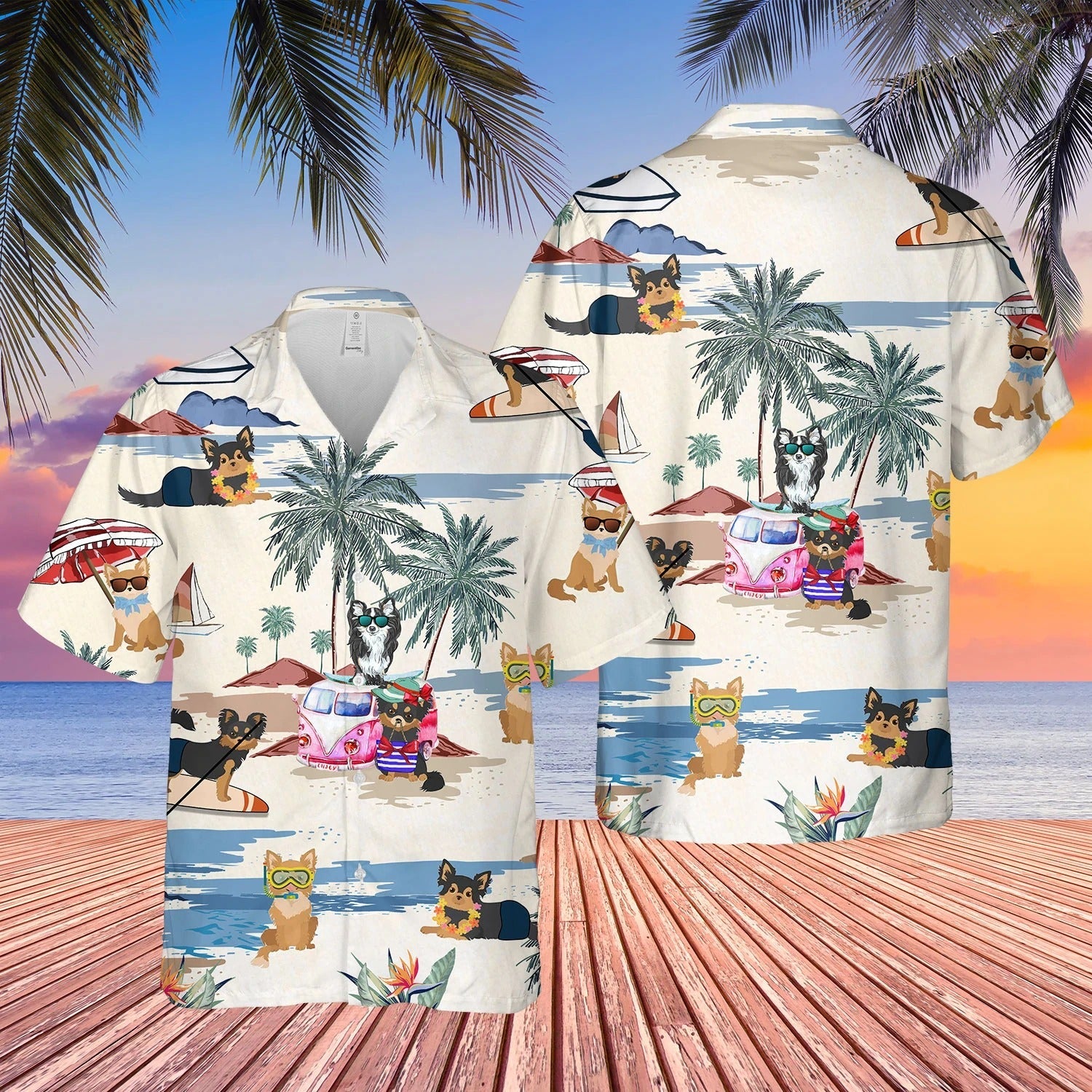 Chihuahua Longhair Summer Beach Hawaiian Shirt/ Short Sleeve Dog Aloha Beach Shirt For Men And Woman
