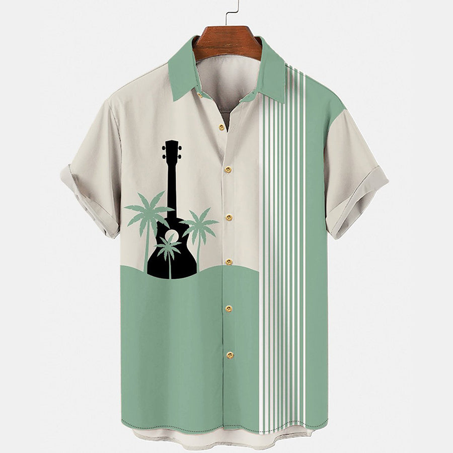 Men''s Hawaiian Music Guitar Stripe Panel Casual Shirt