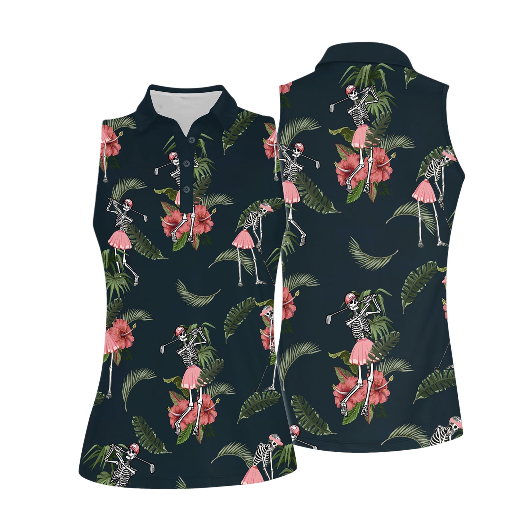 Seamless Tropical Skeleton Golf Women Short Sleeve Polo Shirt/ Sleeveless Polo Shirt for women