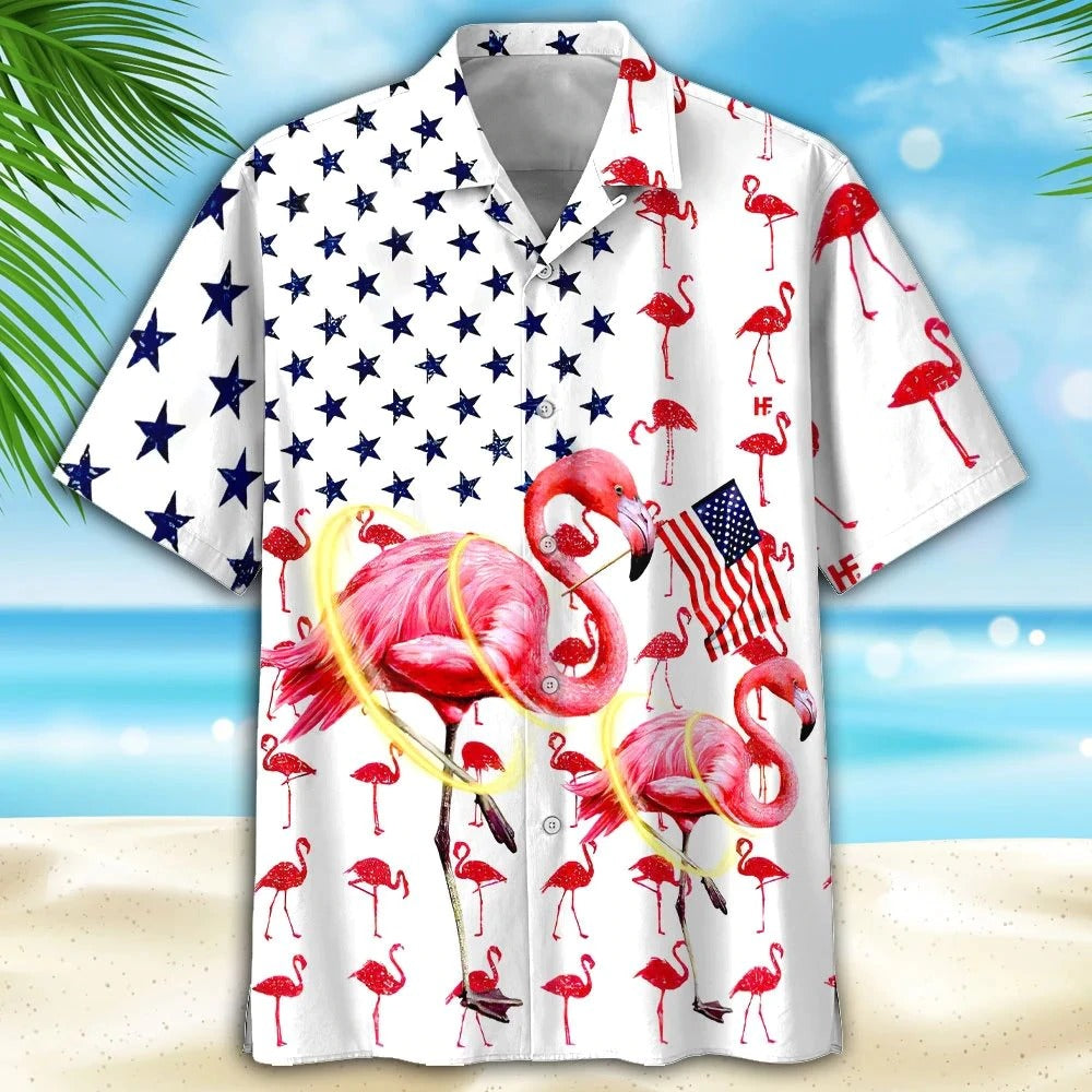 Beautiful Flamingo Hawaiian Shirt Full Printed/ Flamingo American Flag Happy 4Th Of Jul Hawaii Shirts