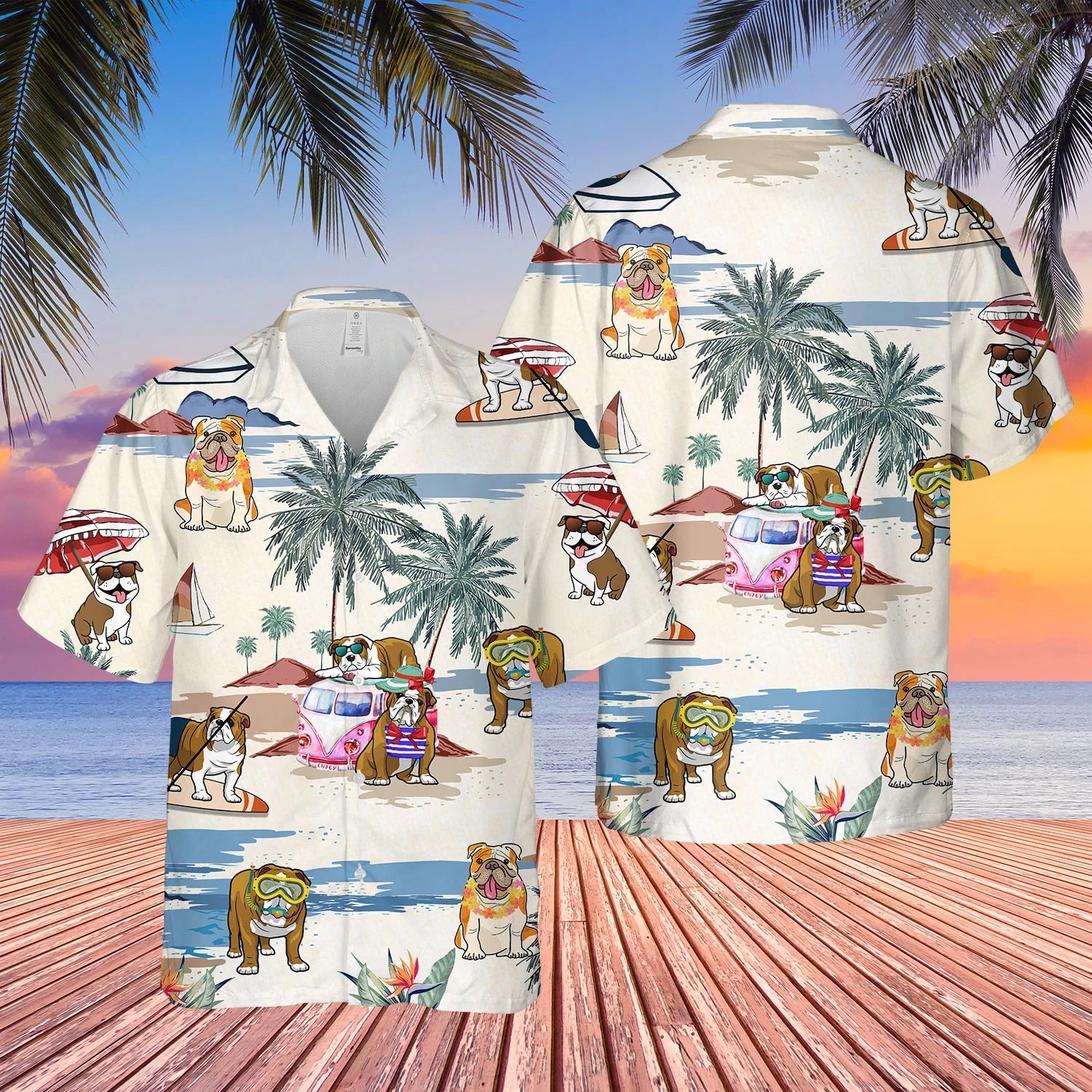 Bulldog/ Boston Terrier Summer Beach Hawaiian Shirt/ Dog Breed 3D Print On Hawaiian Aloha Shirt For Men And Woman