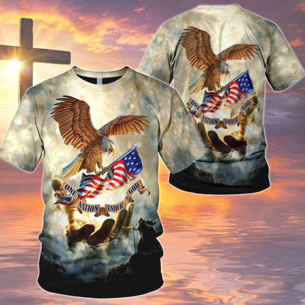 One Nation Under God Eagle American Flag Hand Of God All Over Print Shirt 4Th Of July 3D Sweatshirt