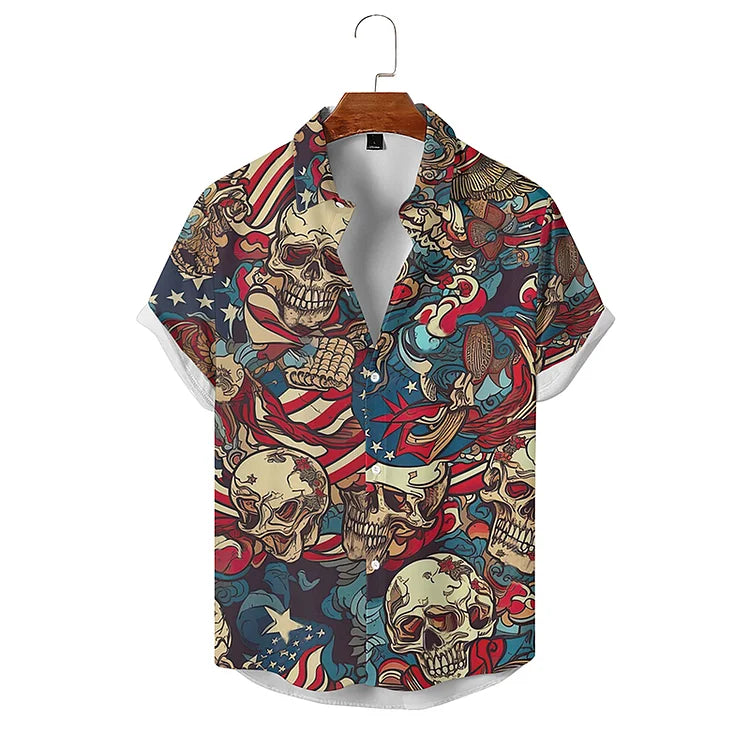 Dkull Flag Print Beach Holiday Style Short Sleeve Shirt/ Hawaiian shirt for men