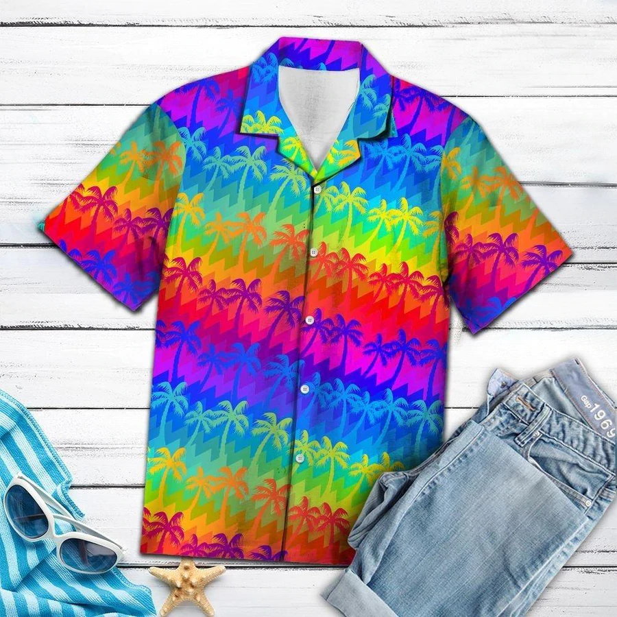 LGBT Hawaii Shirt Coconut Palm Tree LGBT Rainbow Color Hawaiian Aloha Shirt