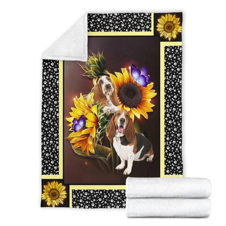 Basset Hound Dark Sunflower Fleece Blanket Dog Gift Throw Blanket Soft Warm