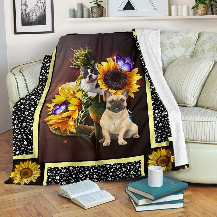 French Bulldog Blanket/ French Bulldog Dog dark sunflower With Butterfly Fleece Blanket