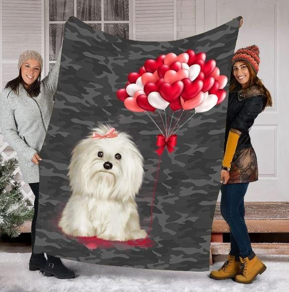 Heart Balloon Fly Maltese Dog Lovers Gift Fleece Blanket