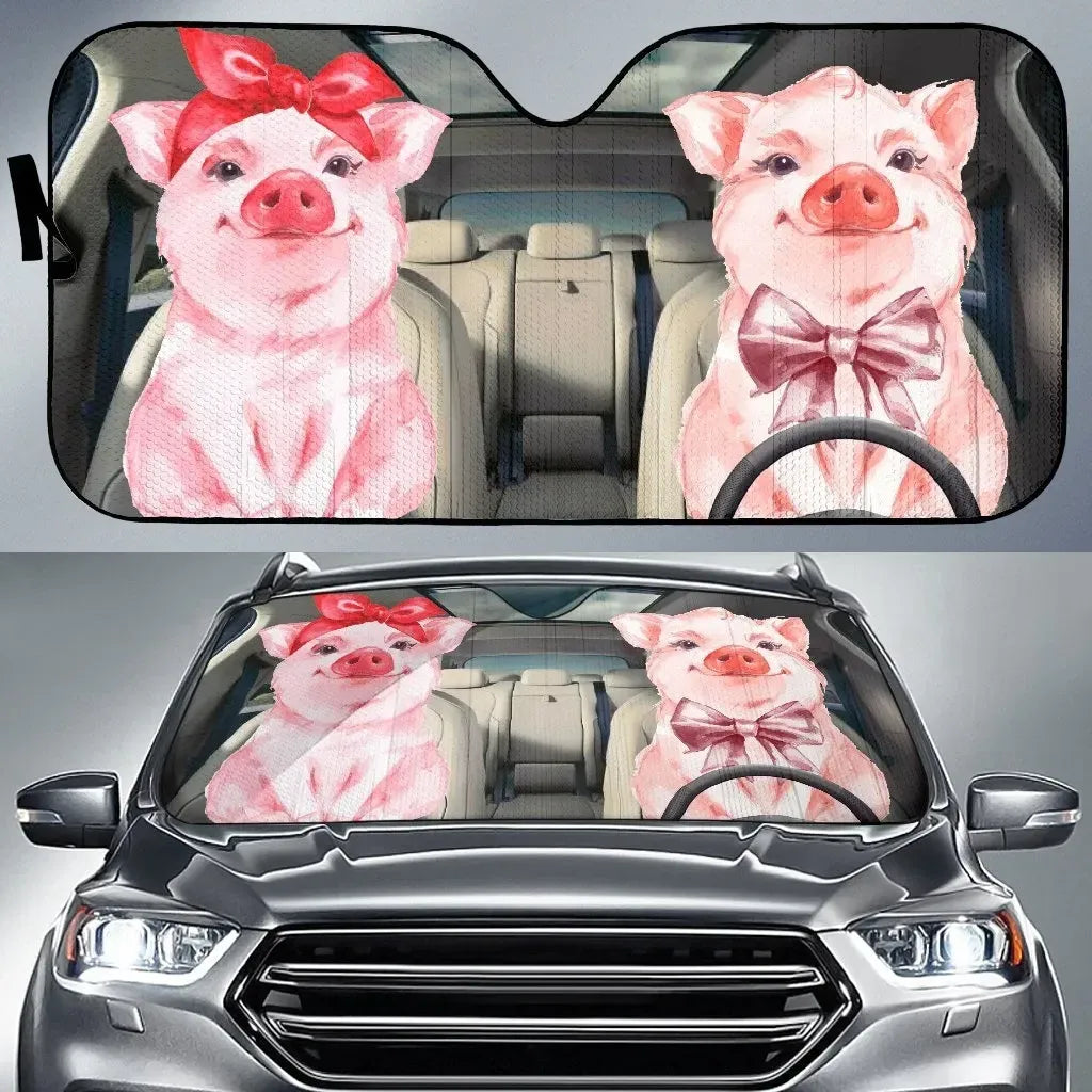 Cute Pig Couple Driving Pattern Printed Car Sun Shade Cover Auto Windshield Coolspod