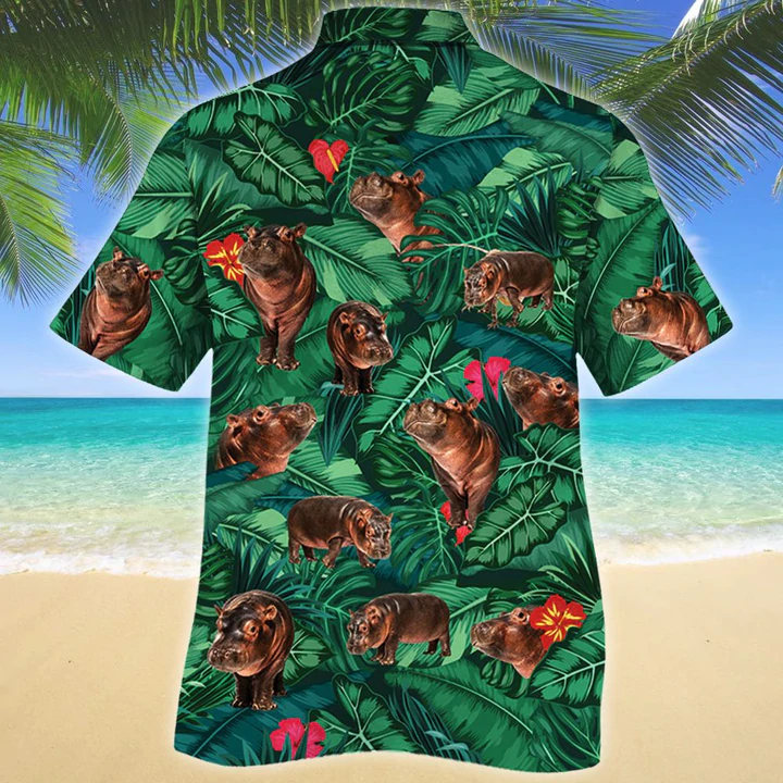 Hippo Lovers Gift Hawaiian Shirt/ Tropical Hippo Men Hawaiian Shirts - Casual Button Down Short Sleeve Shirt