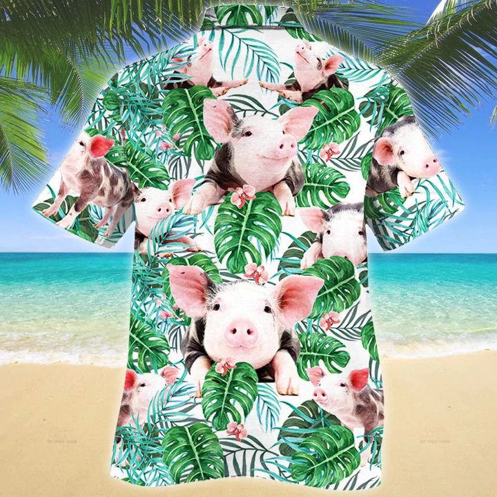 Pig Tropical Plant Hawaiian Shirt/ Summer Men Hawaiian Shirts - Casual Button Down Short Sleeve Shirt