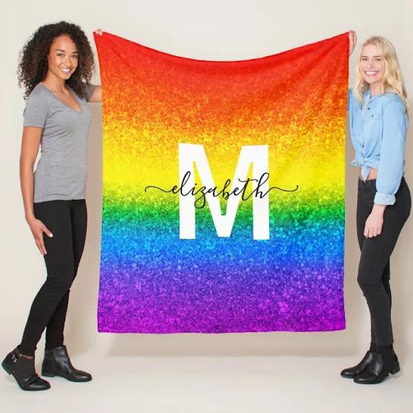 LGBT Pride Rainbow Glitter Stripes Monogram Name Fleece Blanket