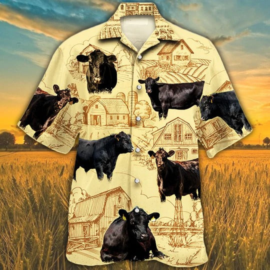 Black Angus Cattle Lovers Farm Hawaiian Shirt/ Unisex Print Aloha Short Sleeve Casual Shirt/ Cow Hawaiian Shirt