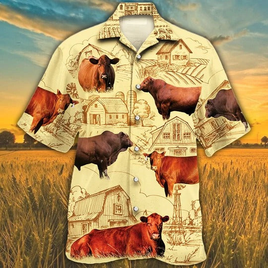 Red Angus Cattle Lovers Farm Hawaiian Shirt/ Unisex Print Aloha Short Sleeve Casual Shirt/ Cow Hawaiian Shirt